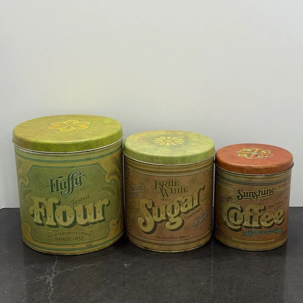 Vintage Ballonoff Flour Sugar Coffee Tin Canister Set MCM Retro Kitchen Litho US